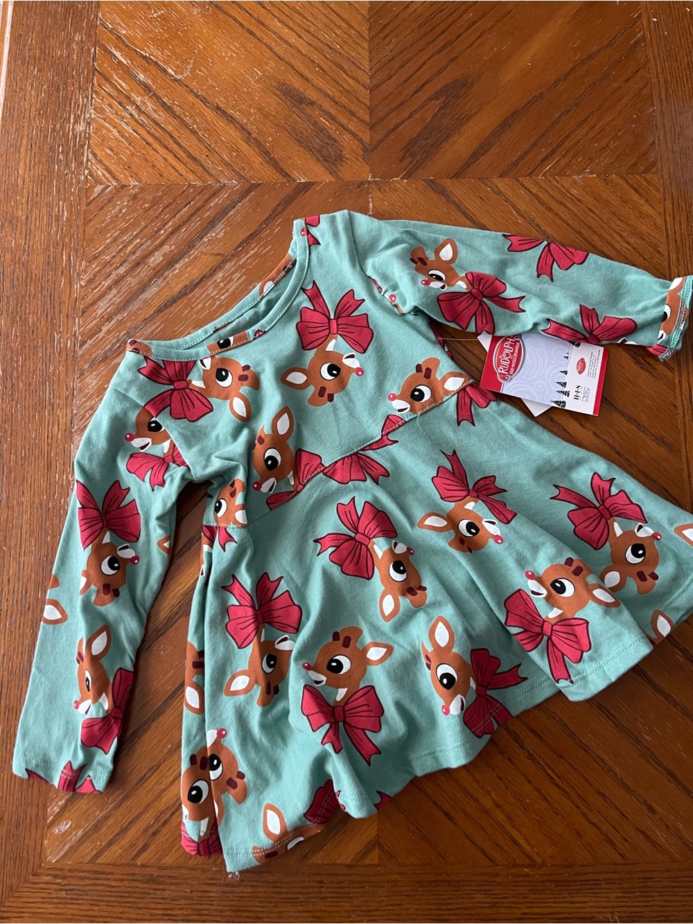 Rudolph Reindeer Bow Print Twirl Dress - Teal & Red
